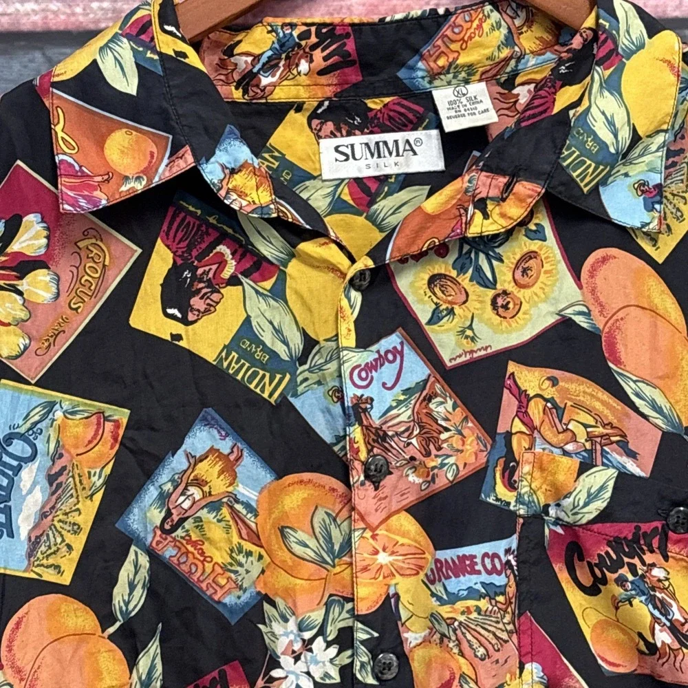 Summa Silk‎ Short Sleeve Button Down Vintage Shirt Size XL Fruit Crate Cowgirl